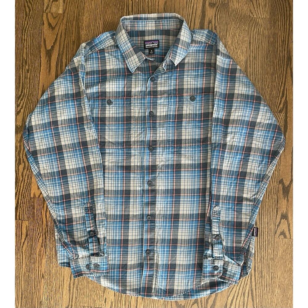 Patagonia Mens Medium Pima Cotton Long Sleeve Button Up Shirt Blue Plaid